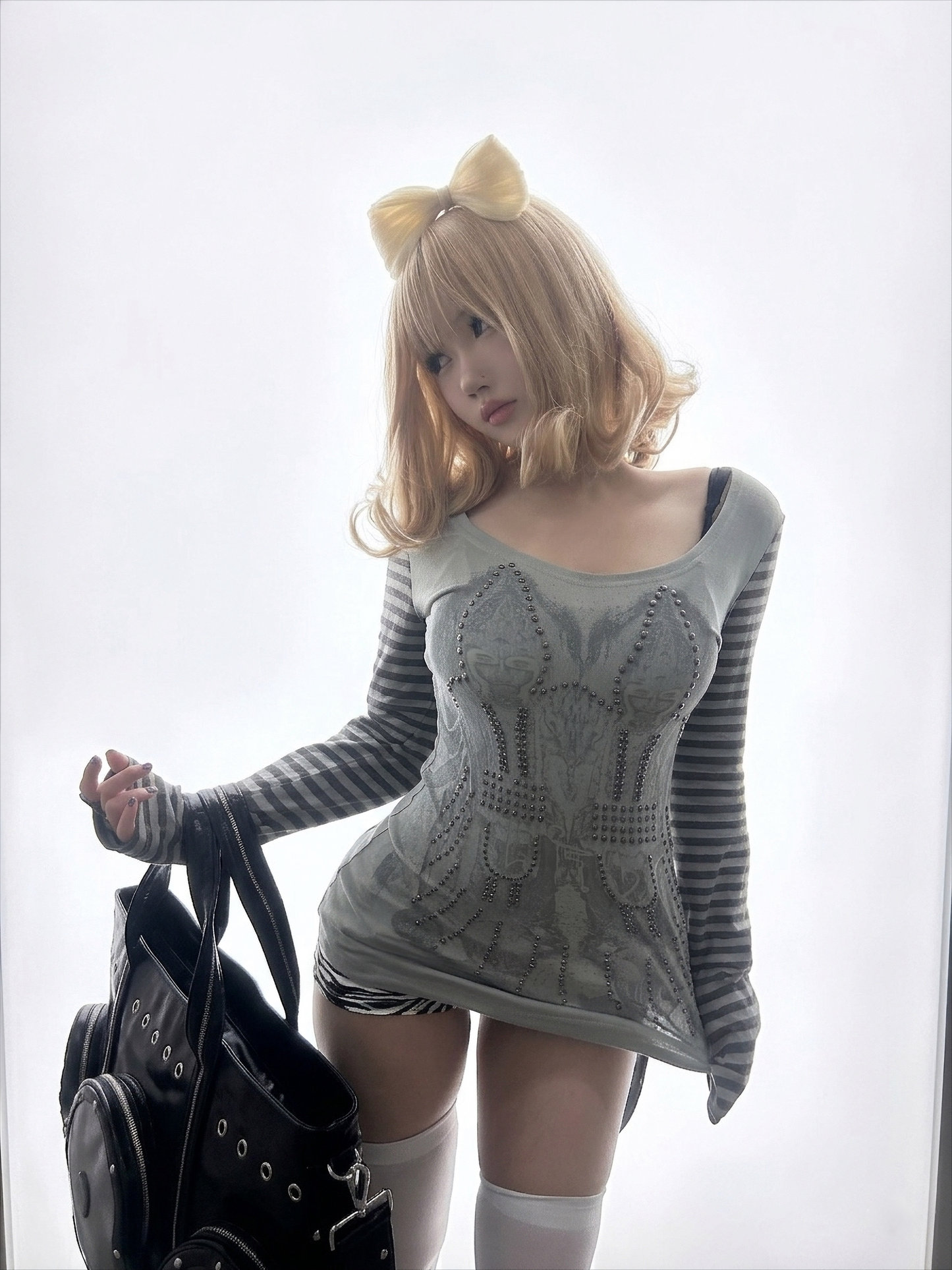 Gothic Boho Rivet Printed Stripe Punk Tee