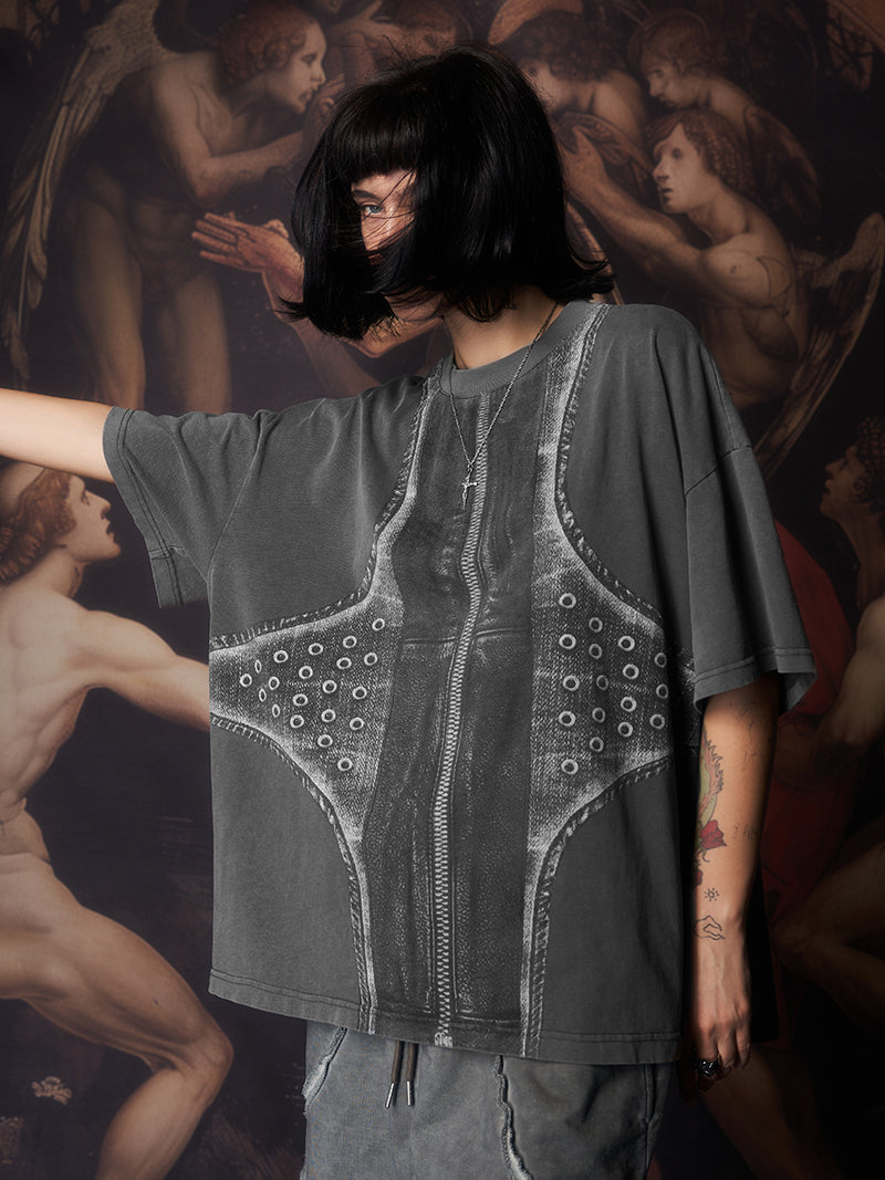 Printed leather cross vintage washed tee