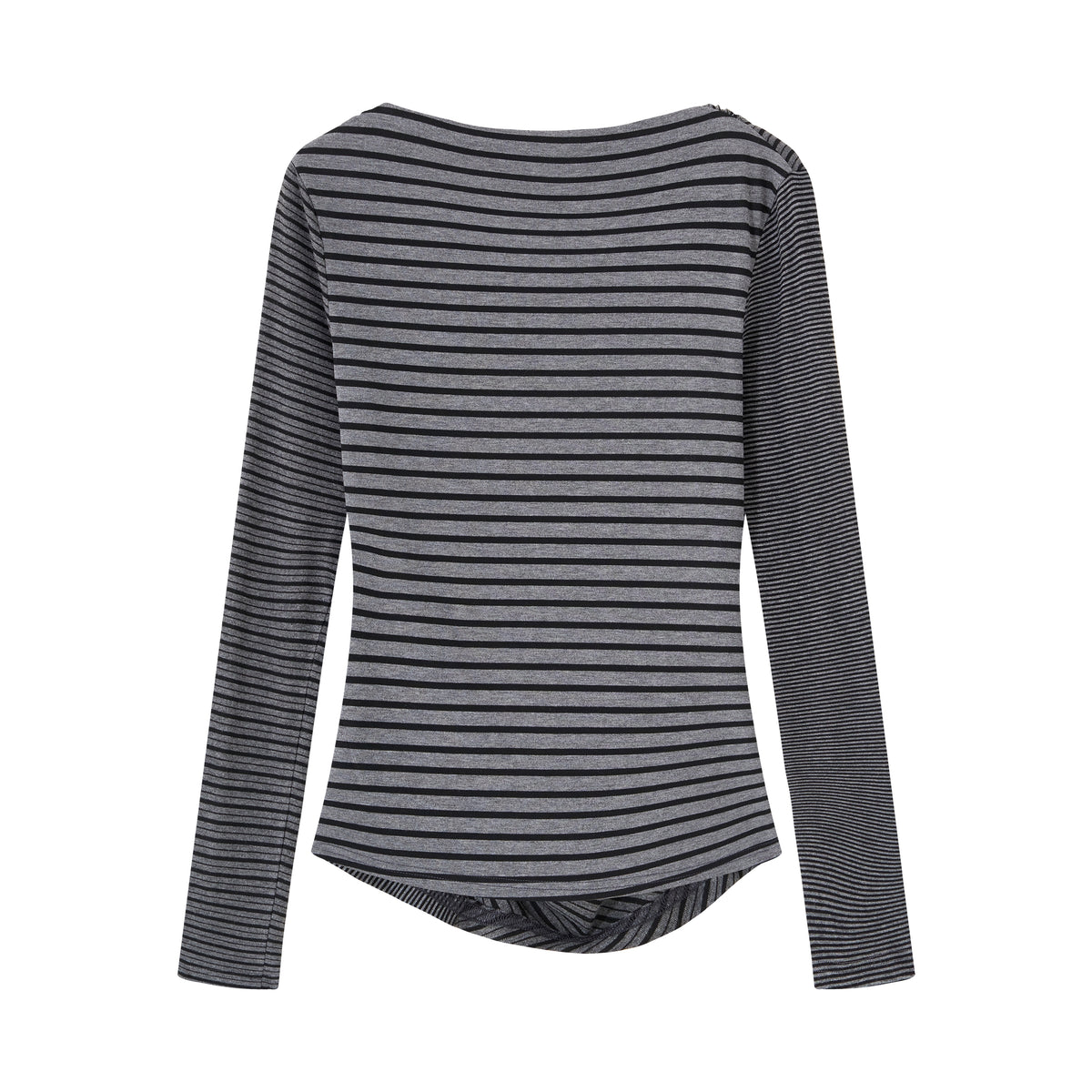 Asymmetrical Ruched Long Sleeve – Music Note Wing Print + Stripe Panel