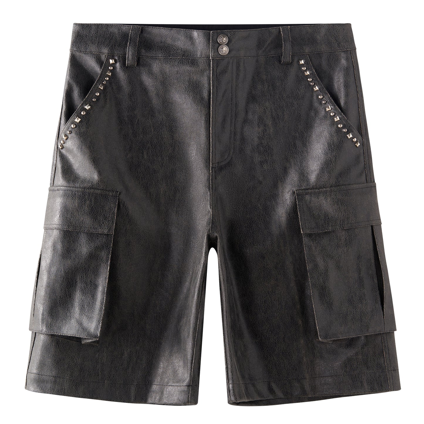Cracked faux leather distressed studs cargo shorts