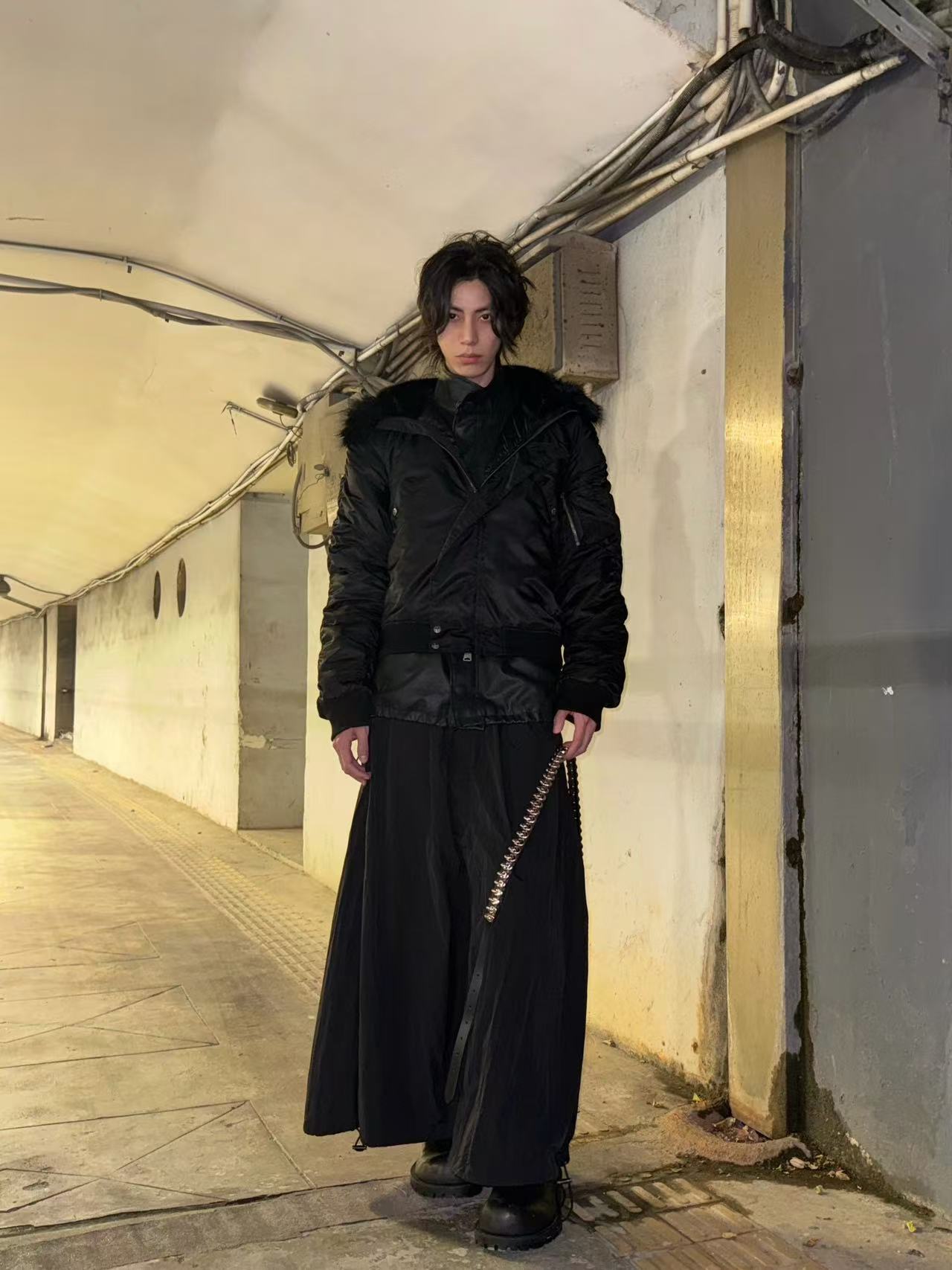 All black N2B nature fur cotton bomber jacket