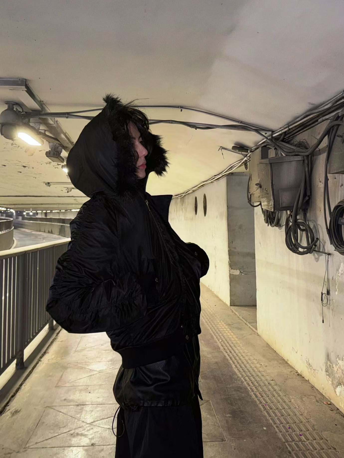 All black N2B nature fur cotton bomber jacket