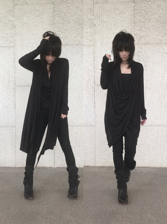 Double‑Layer Tencel Draped Cowl Neck Long Cardigan