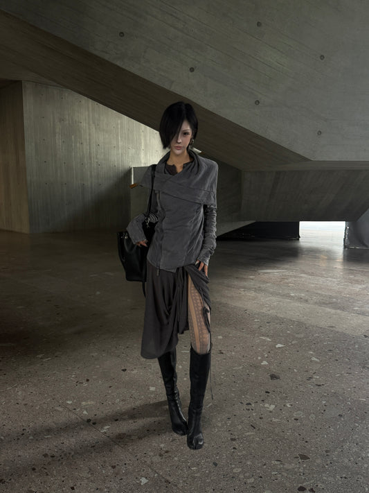 Deconstructed Zip-Up Hoodie – Washed Vintage + Convertible Collar