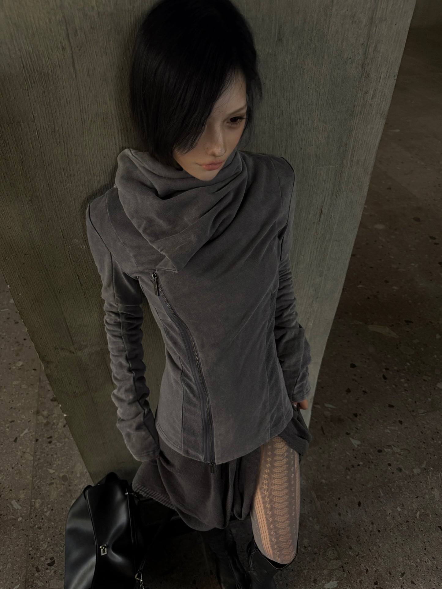 Deconstructed Zip-Up Hoodie – Washed Vintage + Convertible Collar
