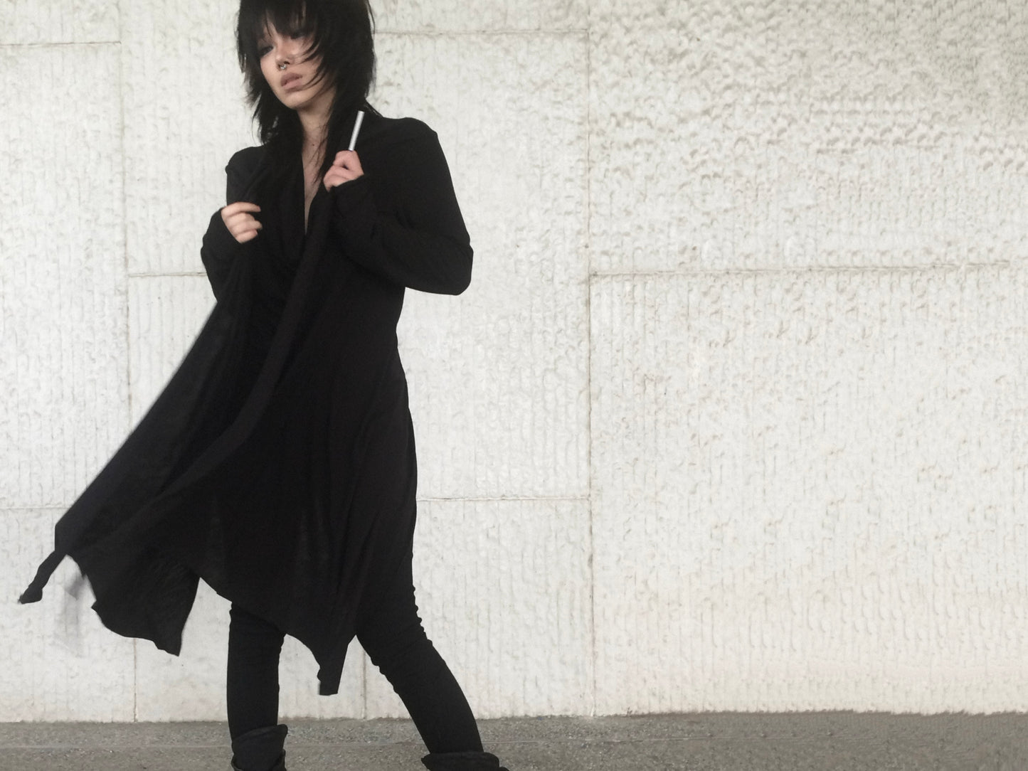 Double‑Layer Tencel Draped Cowl Neck Long Cardigan