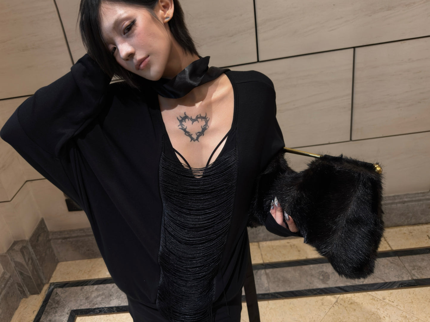 Fringe Batwing Top – Low V-Neck + Pockets + Ribbed Hem