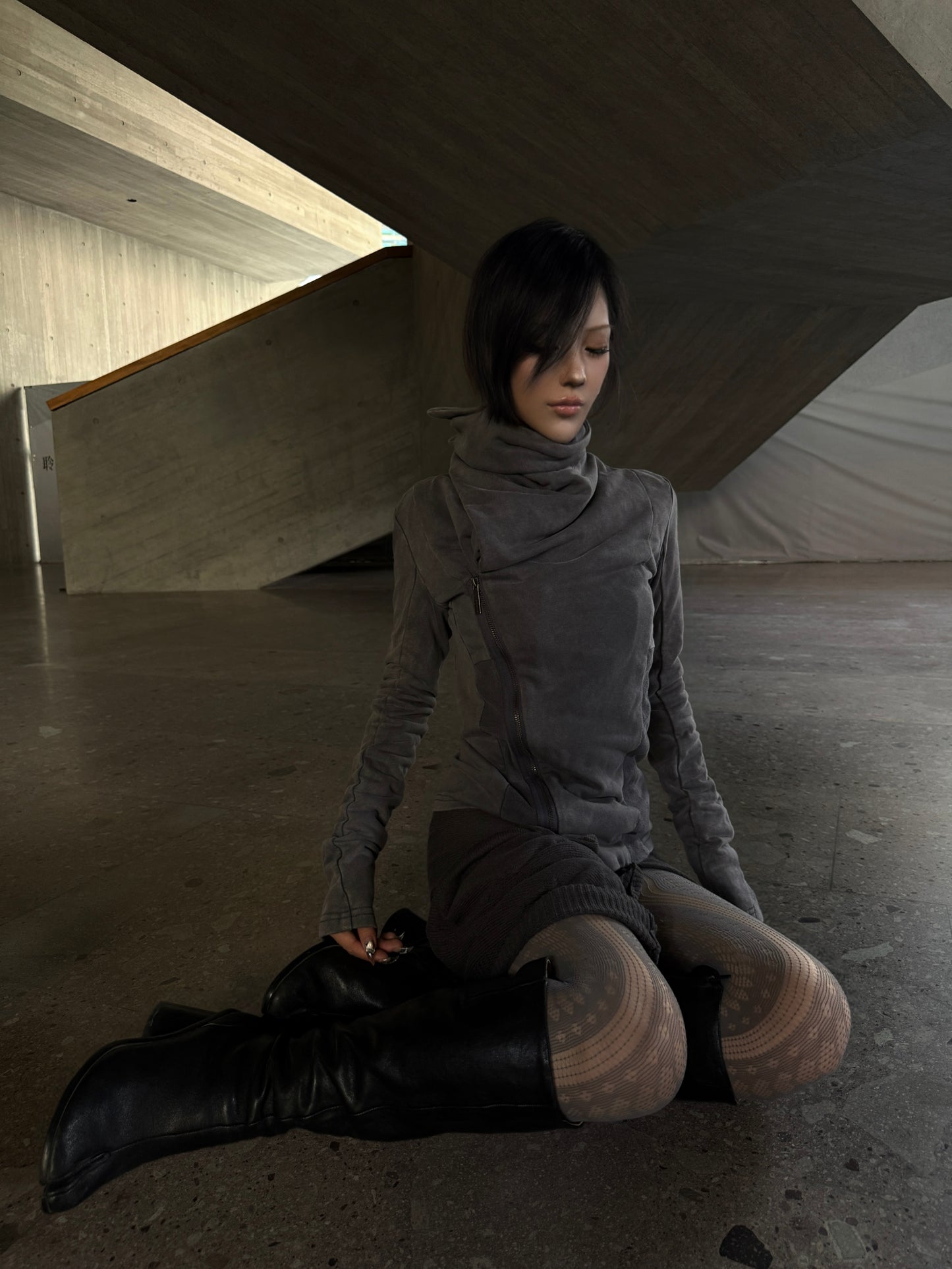 Deconstructed Zip-Up Hoodie – Washed Vintage + Convertible Collar