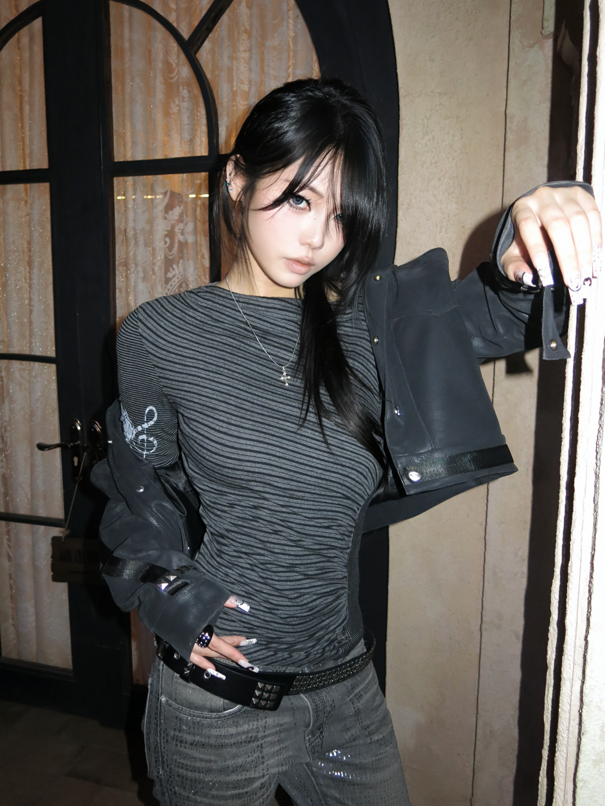 Asymmetrical Ruched Long Sleeve – Music Note Wing Print + Stripe Panel