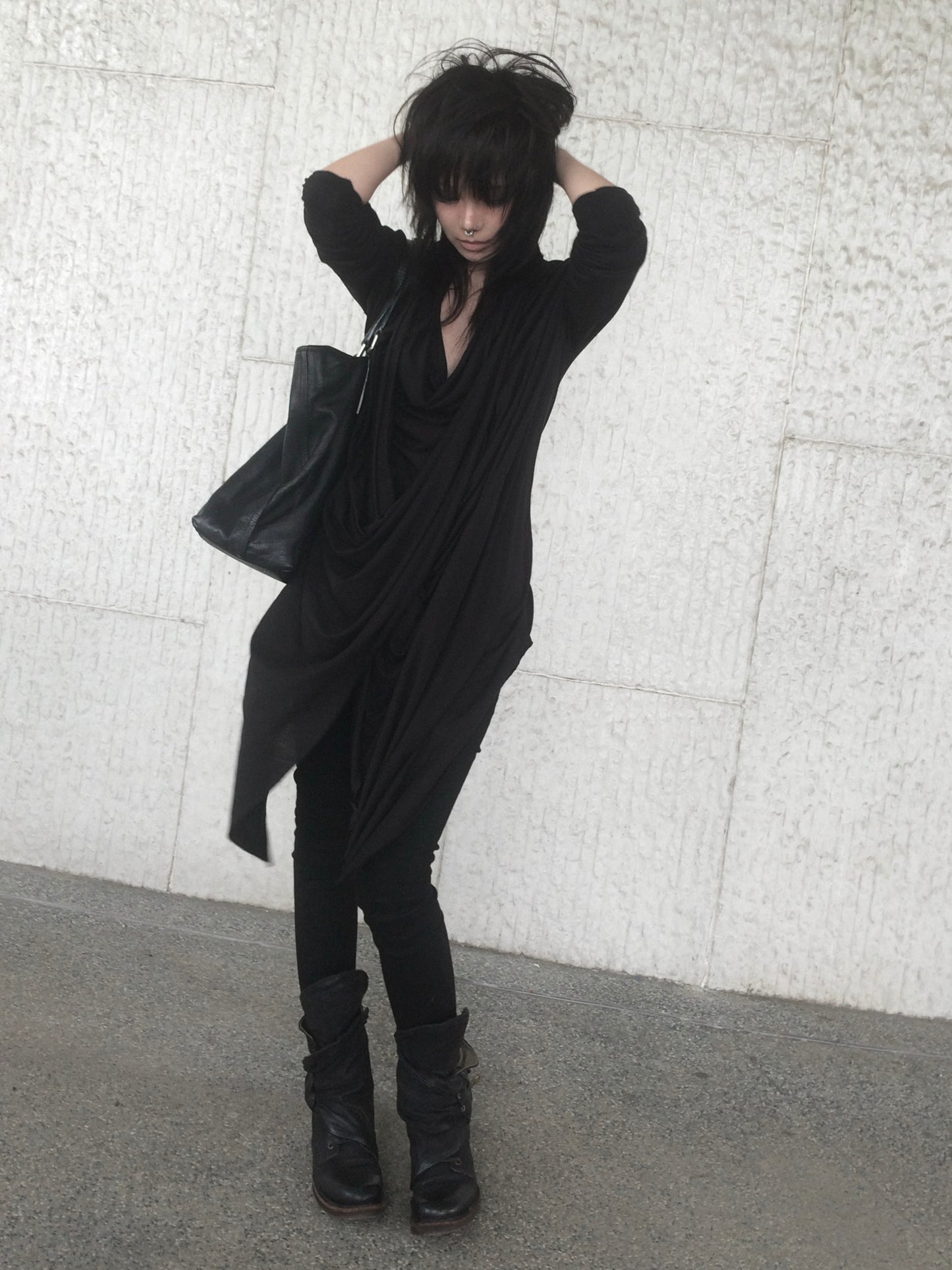 Double‑Layer Tencel Draped Cowl Neck Long Cardigan