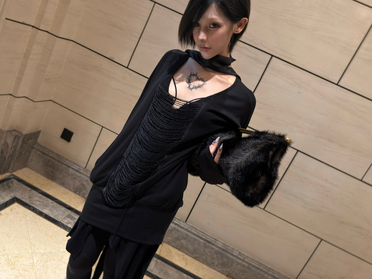 Fringe Batwing Top – Low V-Neck + Pockets + Ribbed Hem