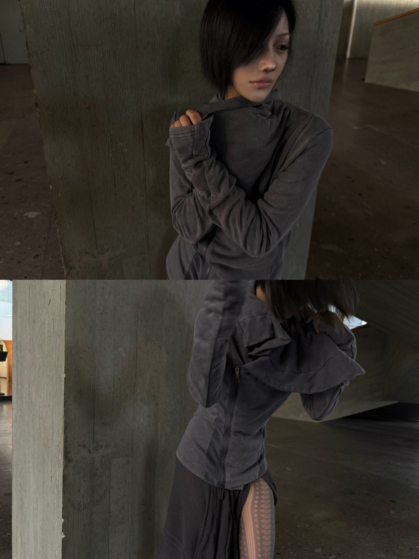 Deconstructed Zip-Up Hoodie – Washed Vintage + Convertible Collar