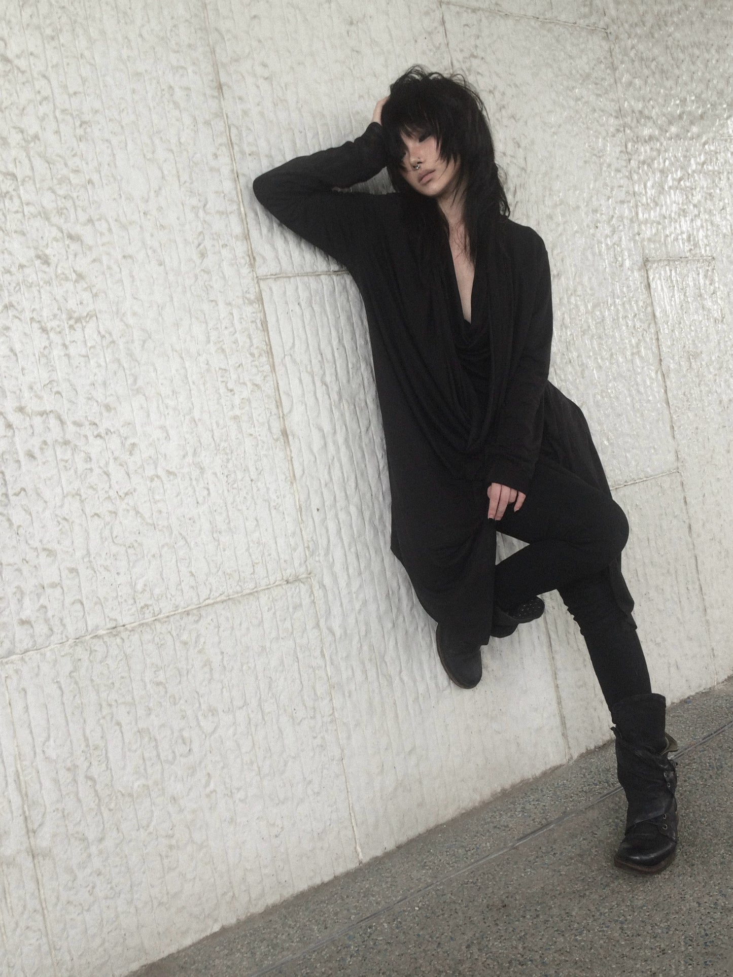 Double‑Layer Tencel Draped Cowl Neck Long Cardigan