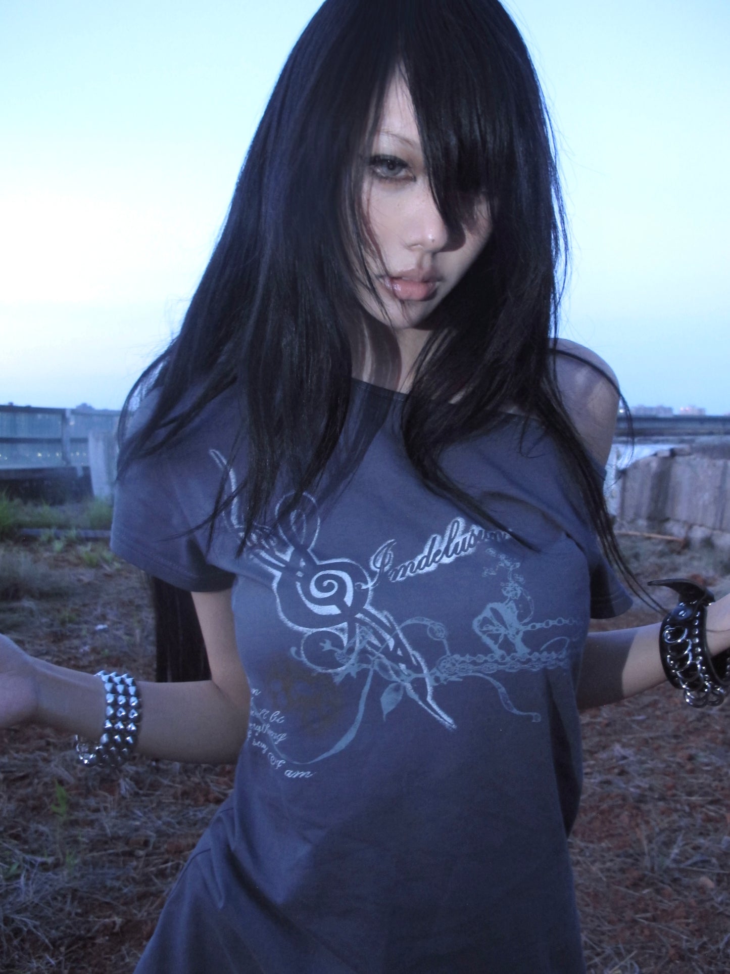 Off-Shoulder Cotton Tee - Edgy Punk Print Slim Fit Top