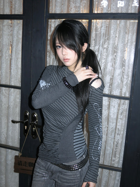 Asymmetrical Ruched Long Sleeve – Music Note Wing Print + Stripe Panel