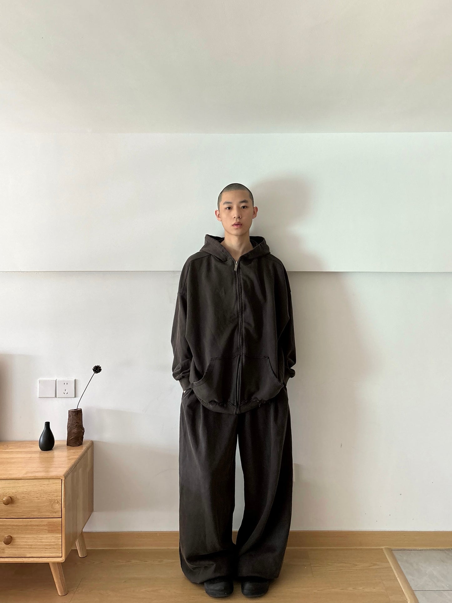 Destroyed vintage washed  boxy zip-up hoodie & baggy pants