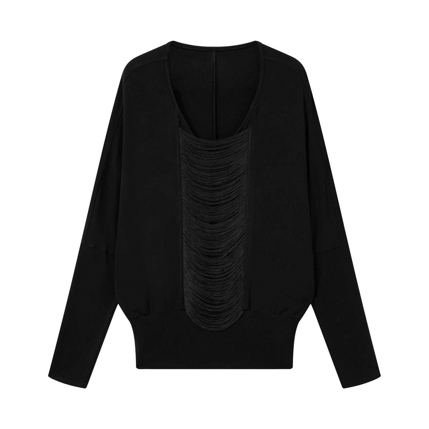 Fringe Batwing Top – Low V-Neck + Pockets + Ribbed Hem