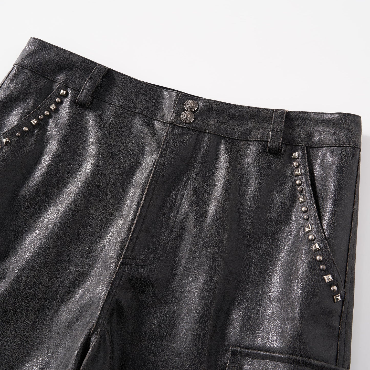 Cracked faux leather distressed studs cargo shorts