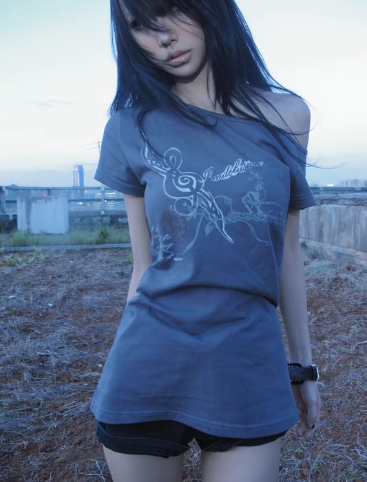 Off-Shoulder Cotton Tee - Edgy Punk Print Slim Fit Top