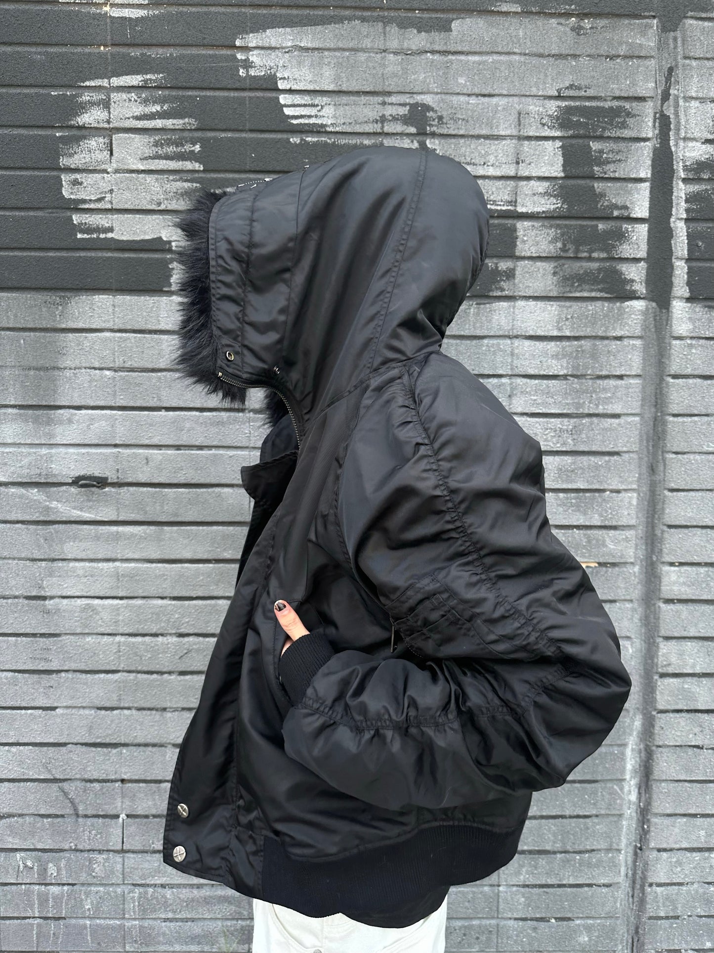 All black N2B nature fur cotton bomber jacket