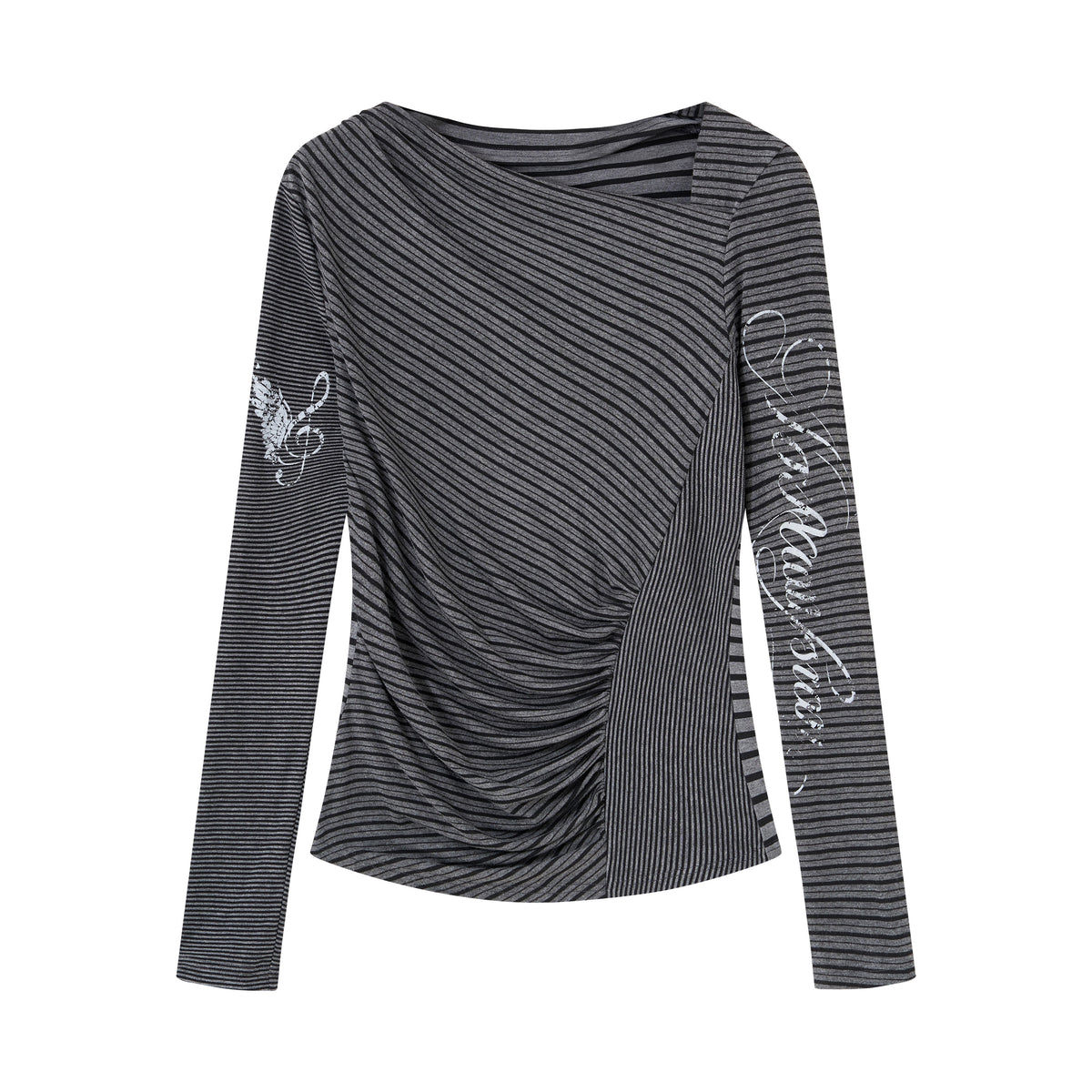 Asymmetrical Ruched Long Sleeve – Music Note Wing Print + Stripe Panel