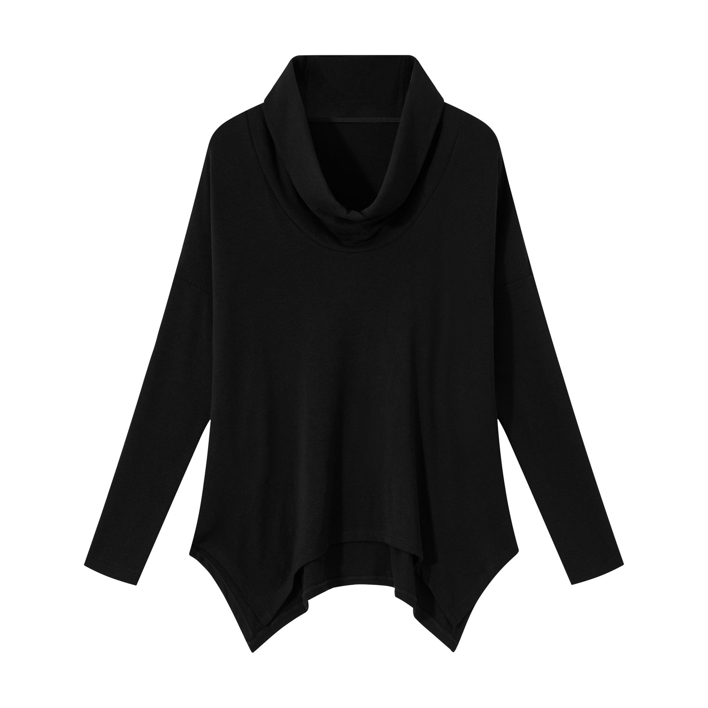 Draped Cowl Neck Sweater – Asymmetrical Hem + Cozy Wool Blend