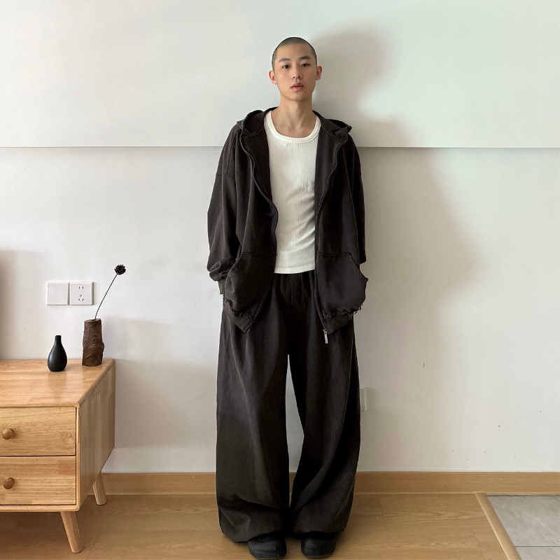 Destroyed vintage washed  boxy zip-up hoodie & baggy pants