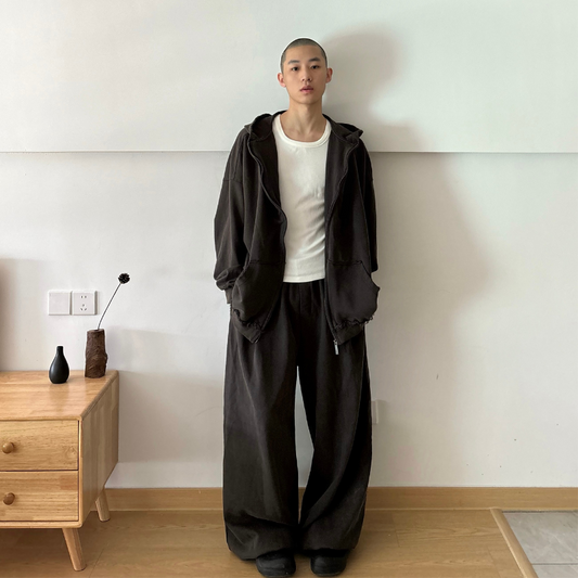 Destroyed vintage washed  boxy zip-up hoodie & baggy pants